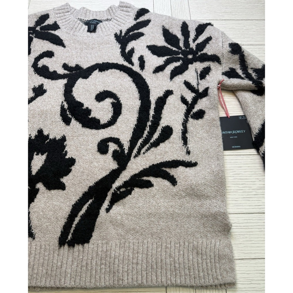 Cynthia Rowley Woman NWT Pullover Crewneck Floral Knit Sweater Sz 1X Beige Black